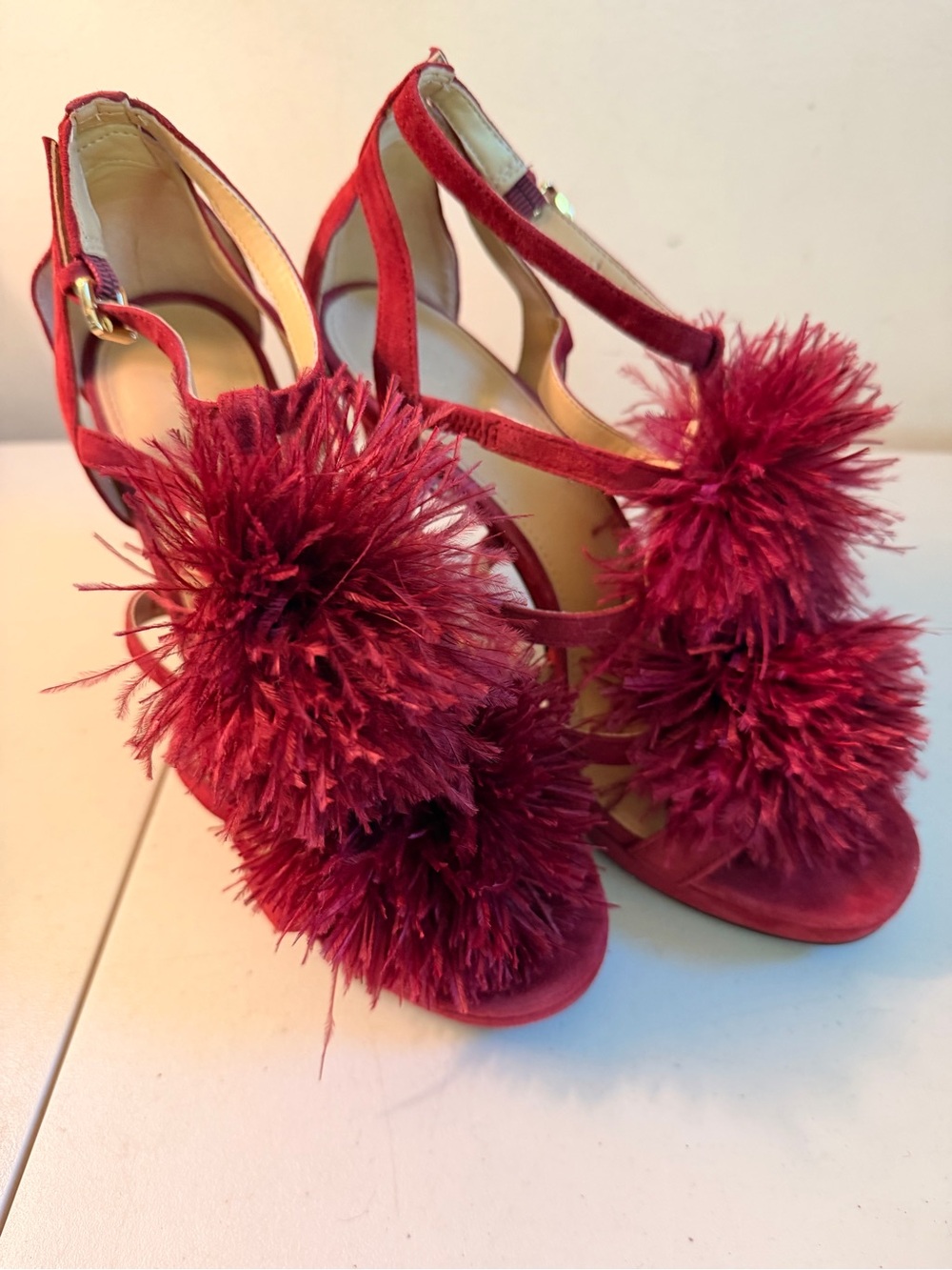 Michael Kors Red Feather Pom-Pom Strappy Heels
